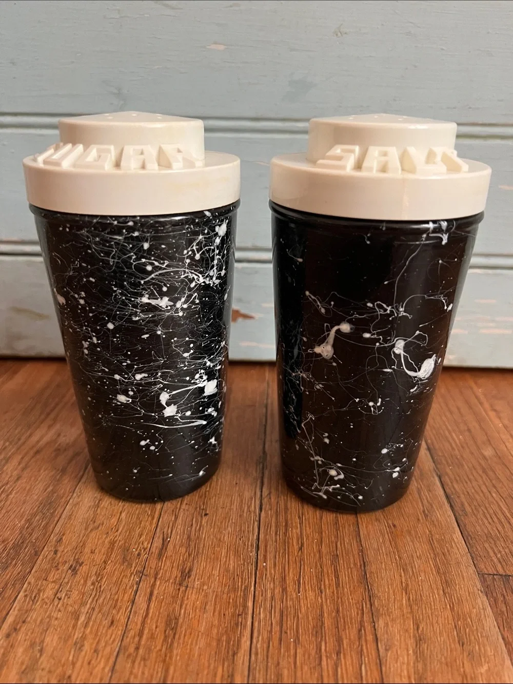 Vintage MCM Glass Black Marble Salt and Sugar Shaker Set with Plastic Lids